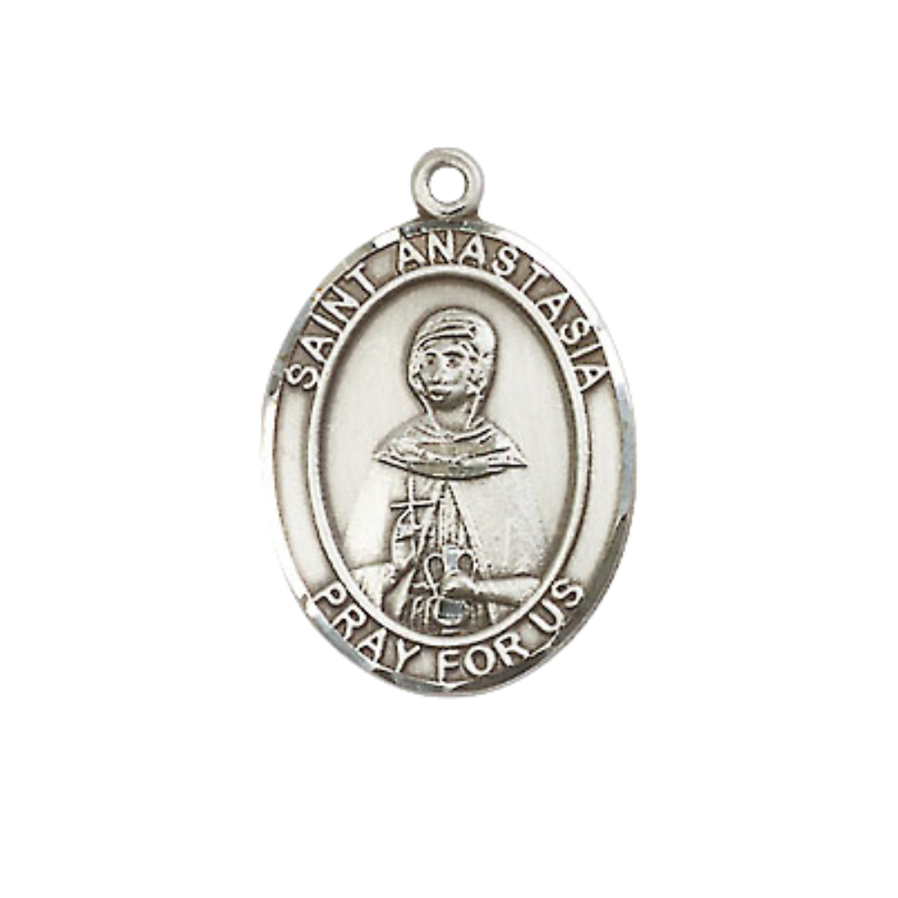 Mens Medium Oval Pewter Saint St. Anastasia Medal Pendant on 24 Inch Rhodium Plated Heavy Curb Brass Chain with Lobster Claw Clasp, Catholic Religious Necklace - Made in USA- Deluxe Velvet Gift Box