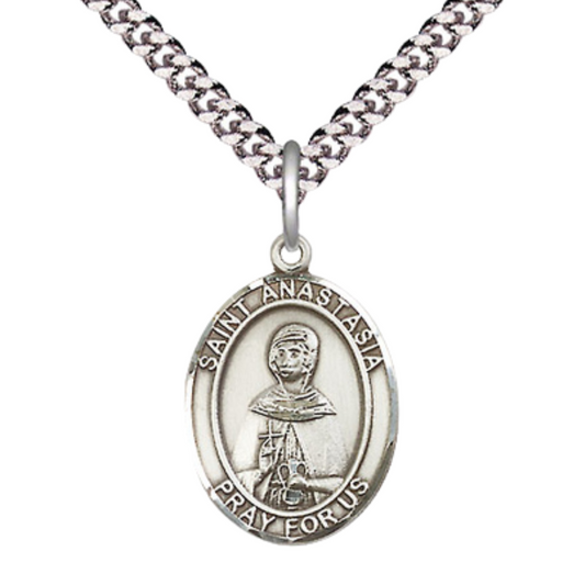 Medium Men's .925 Sterling Silver Saint St. Anastasia Medal Pendant on 24 Inch Endless Rhodium Plated Heavy Curb Brass Chain, Catholic Religious Necklace - Made in USA- Deluxe Velvet Gift Box
