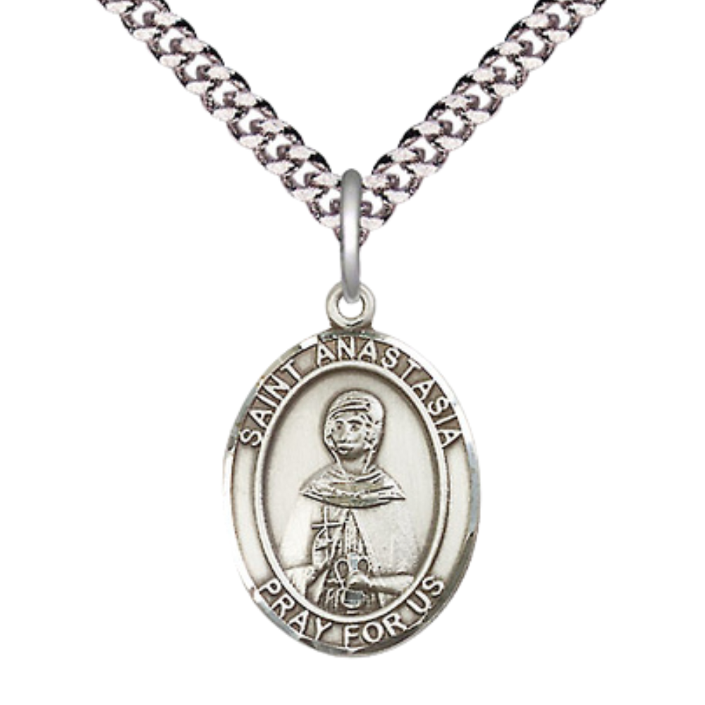 Everlasting Light Jewelry Medium Men's Pewter Saint St. Anastasia Medal Pendant on 24 Inch Endless Rhodium Plated Heavy Curb Brass Chain, Catholic Religious Necklace - Made in USA- Deluxe Velvet Gift Box