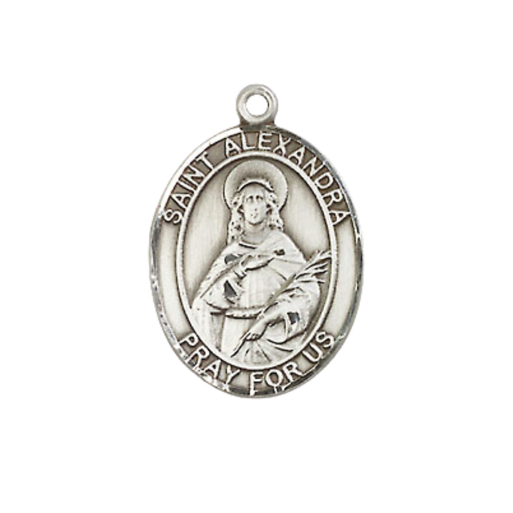Everlasting Light Jewelry Medium Women's Pewter Saint St. Alexandra Pendant Necklace on 18- inch Rhodium- Plated Lite Curb Brass Chain – Catholic Religious Medal – Velvet Gift Box Included
