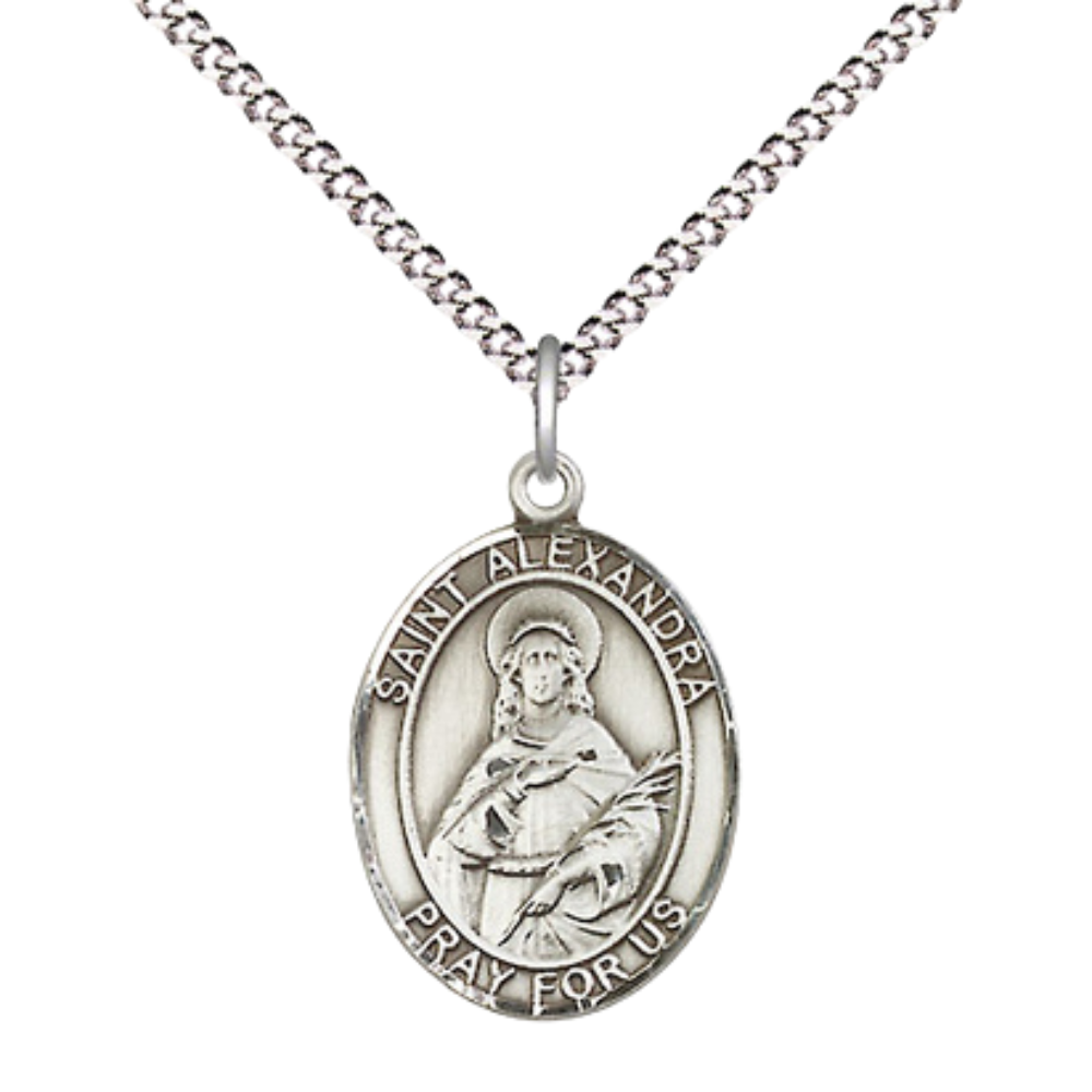 Everlasting Light Jewelry Medium Women's .925 Sterling Silver Saint St. Alexandra Pendant Necklace on 18 Inch Rhodium Plated Lite Curb Brass Chain – Patron Saint St. of Widows, Catholic Medal – Velvet Gift Box Included