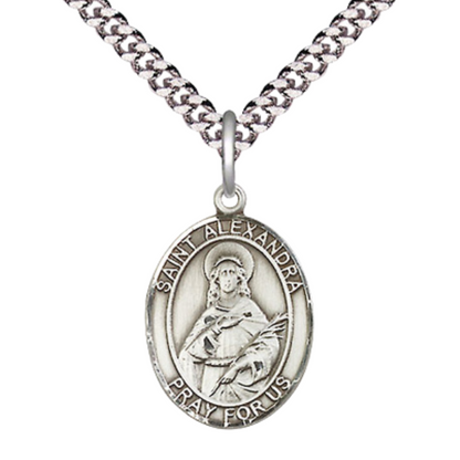 Mens Medium Oval Pewter Saint St. Alexandra Medal Pendant on 24 Inch Rhodium Plated Heavy Curb Brass Chain with Lobster Claw Clasp, Catholic Religious Necklace - Made in USA- Deluxe Velvet Gift Box