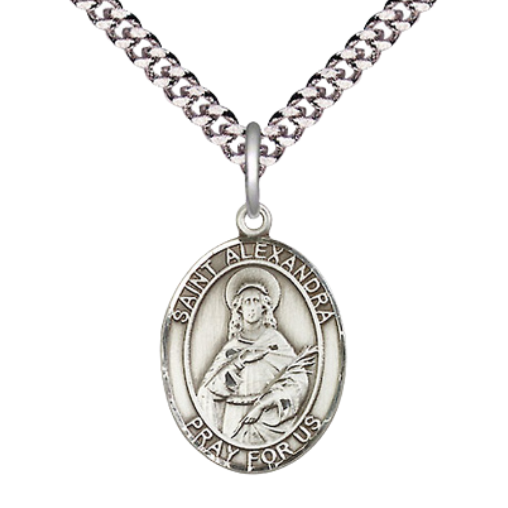 Mens Medium Oval Sterling Silver Saint Alexandra Medal Pendant on 24" Rhodium Plated Heavy Curb Brass Chain w/ Lobster Claw Clasp, Catholic Religious Necklace -Made in USA-Velvet Gift Box