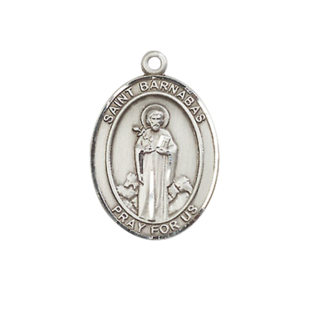 Mens Medium Oval Pewter Saint St. Barnabas Medal Pendant on 24 Inch Rhodium Plated Heavy Curb Brass Chain with Lobster Claw Clasp, Catholic Religious Necklace - Made in USA- Deluxe Velvet Gift Box