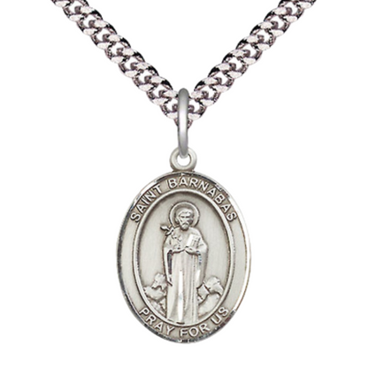 Mens Medium Oval Sterling Silver Saint Barnabas Medal Pendant on 24" Rhodium Plated Heavy Curb Brass Chain w/ Lobster Claw Clasp, Catholic Religious Necklace -Made in USA-Velvet Gift Box