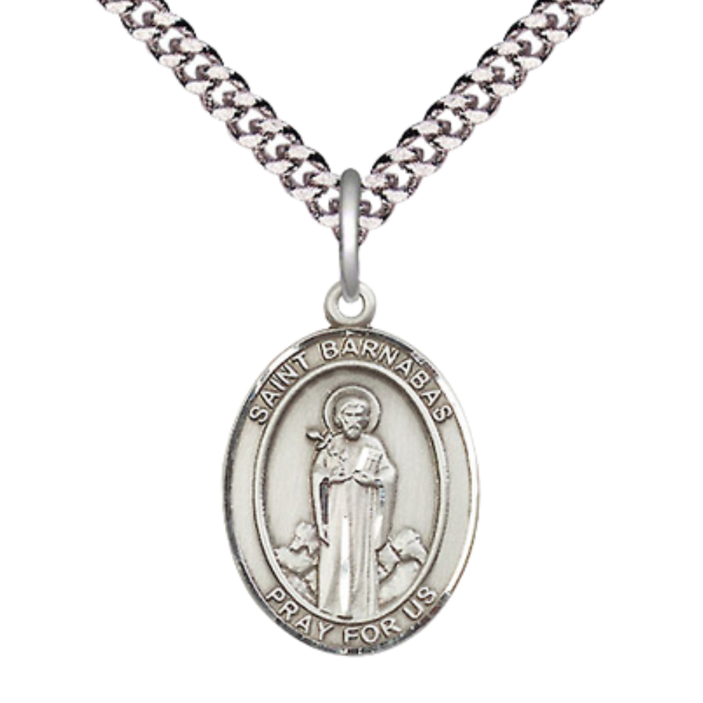 Everlasting Light Jewelry Medium Men's Pewter Saint St. Barnabas Medal Pendant on 24 Inch Endless Rhodium Plated Heavy Curb Brass Chain, Catholic Religious Necklace - Made in USA- Deluxe Velvet Gift Box