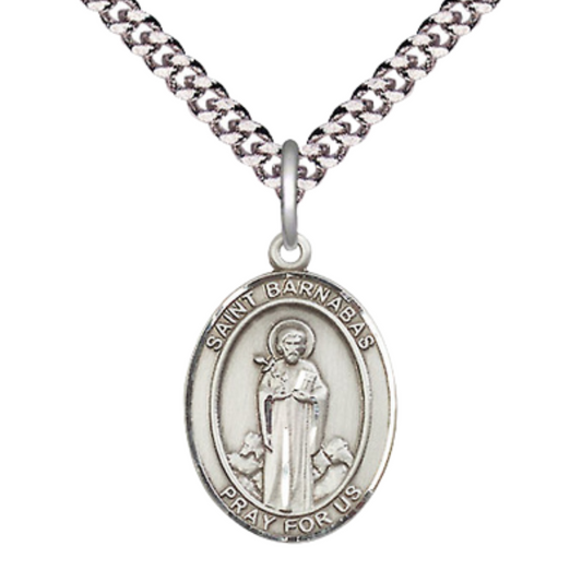 Medium Men's .925 Sterling Silver Saint St. Barnabas Medal Pendant on 24 Inch Endless Rhodium Plated Heavy Curb Brass Chain, Catholic Religious Necklace - Made in USA- Deluxe Velvet Gift Box