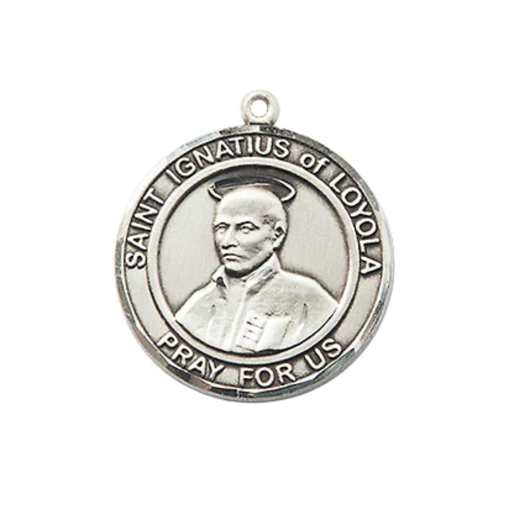 Medium Women's Pewter Saint St. Ignatius of Loyola Medal Pendant on 18 Inch Rhodium Plated Lite Curb Brass Chain w/ Lobster Claw clasp, Catholic Religious Necklace - Made in USA - Deluxe Velvet Gift Box