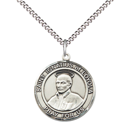 Medium Women's .925 Sterling Silver Saint St. Ignatius of Loyola Pendant Necklace – ¾” x ?” Medal on 18 Inch Rhodium- Plated Lite Curb Brass Chain with Lobster Claw Clasp, Catholic Medal - Patron Saint. of Soldiers – Velvet Gift Box
