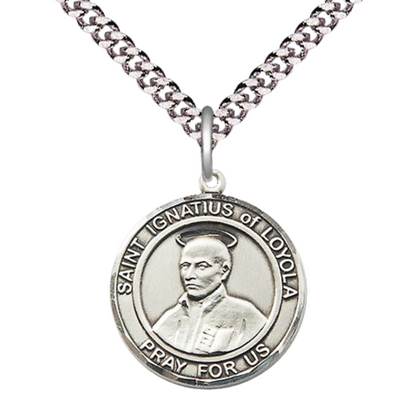 Mens Medium Round Pewter Saint St. Ignatius of Loyola Medal Pendant on 24 Inch Rhodium Plated Heavy Curb Brass Chain w/ Lobster Claw Clasp, Catholic Religious Necklace - Made in USA- Velvet Gift Box