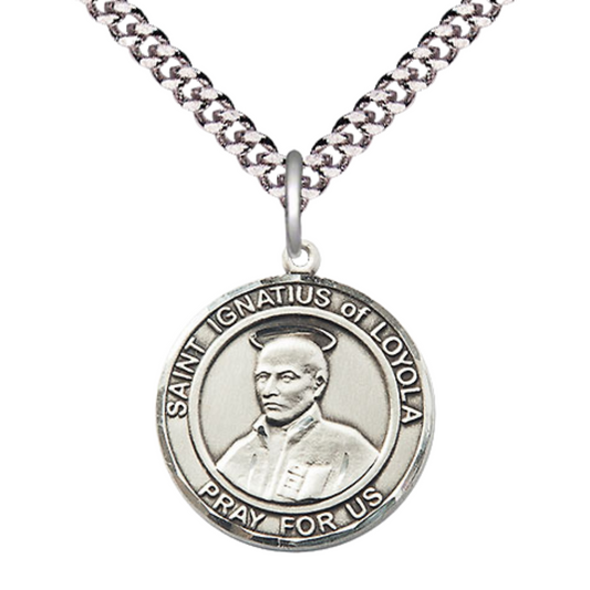 Men's Sterling Silver Saint Ignatius of Loyola Round Medium Medal Pendant on 24 Inch Endless Rhodium Plated Heavy Curb Brass Chain, Catholic Religious Necklace -Made in USA- Velvet Gift Box