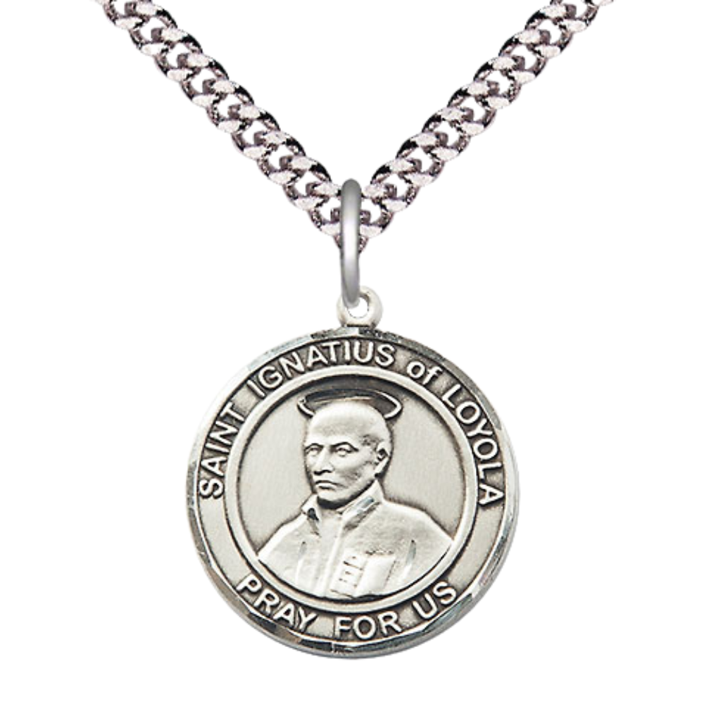 Medium Mens Round .925 Sterling Silver Saint St. Ignatius of Loyola Medal Pendant on 24 Inch Rhodium Plated Heavy Curb Brass Chain w/ Lobster Claw Clasp, Catholic Religious Necklace- Made in USA- Velvet Gift Box