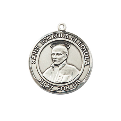 Medium Men's Pewter Saint St. Ignatius of Loyola Medal Pendant on 24 Inch Endless Rhodium Plated Heavy Curb Brass Chain, Catholic Religious Necklace - Made in USA - Deluxe Velvet Gift Box