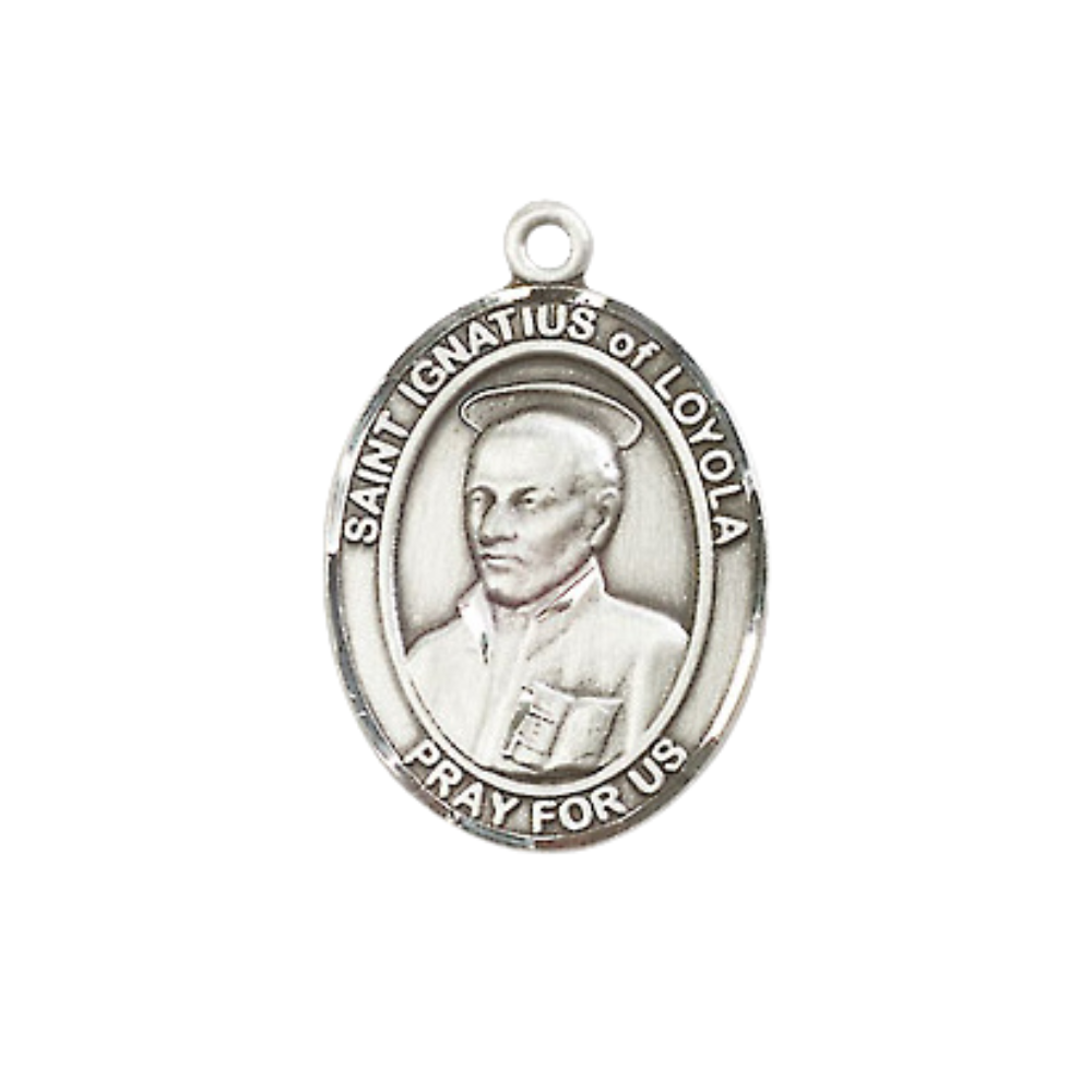 Everlasting Light Jewelry Medium Women's Pewter Saint Ignatius of Loyola Pendant Necklace on 18-inch Rhodium-Plated Lite Curb Brass Chain – Patron Saint of Soldiers – Velvet Gift Box Included