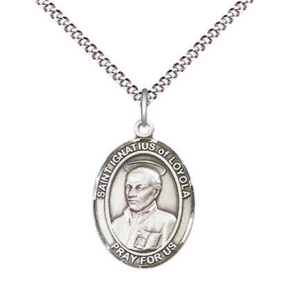 Everlasting Light Jewelry Medium Women's Pewter Saint Ignatius of Loyola Pendant Necklace on 18-inch Rhodium-Plated Lite Curb Brass Chain – Patron Saint of Soldiers – Velvet Gift Box Included