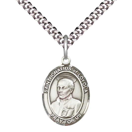 Medium Men's Pewter Saint St.Ignatius of Loyola Medal Pendant on 24 Inch Endless Rhodium Plated Heavy Curb Brass Chain, Catholic Religious Necklace -Made in USA- Deluxe Velvet Gift Box