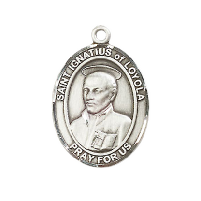 Medium Men's .925 Sterling Silver Saint St. Ignatius of Loyola Medal Pendant on 24 Inch Endless Rhodium Plated Heavy Curb Brass Chain, Catholic Religious Necklace - Made in USA- Deluxe Velvet Gift Box
