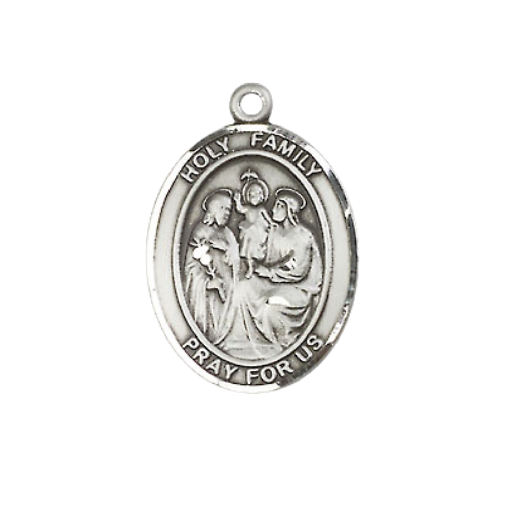 .925 Sterling Silver Holy Family Medal Pendant on 18 Inch Rhodium Plated Lite Curb Brass Chain with Lobster Claw Clasp, Catholic Religious Necklace - Made in USA- Prayer Card Included