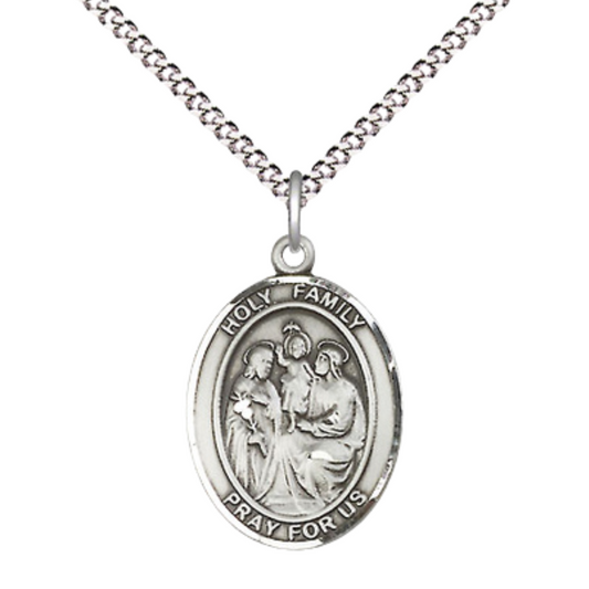 Medium Women's .925 Sterling Silver Holy Family Pendant Necklace on 18 Inch Rhodium Plated Lite Curb Brass Chain – Meaningful Catholic Religious Jewelry – Velvet Gift Box Included