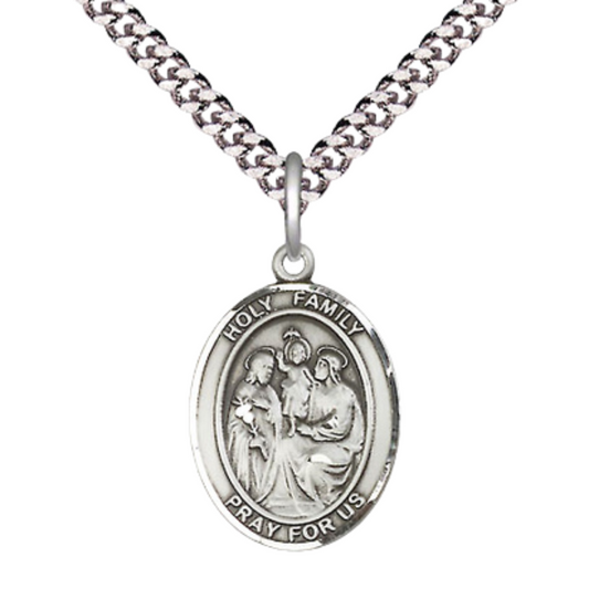 Medium Men's .925 Sterling Silver Holy Family Medal Pendant on 24 Inch Endless Rhodium Plated Heavy Curb Brass Chain,Catholic Religious Necklace -Made in USA- Deluxe Velvet Gift Box