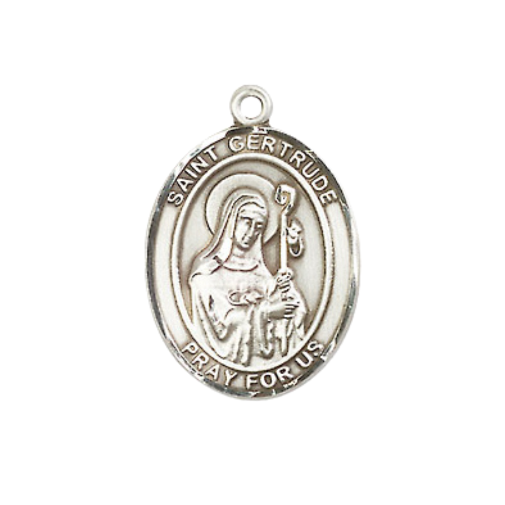 Everlasting Light Jewelry Medium Women's Pewter Saint St. Gertrude of Nivelles Pendant Necklace on 18- inch Rhodium- Plated Lite Curb Brass Chain – Patron Saint St. of Accommodations & Cats, Catholic Medal – Velvet Gift Box Included