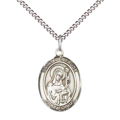 Everlasting Light Jewelry Medium Women's Pewter Saint St. Gertrude of Nivelles Pendant Necklace on 18- inch Rhodium- Plated Lite Curb Brass Chain – Patron Saint St. of Accommodations & Cats, Catholic Medal – Velvet Gift Box Included