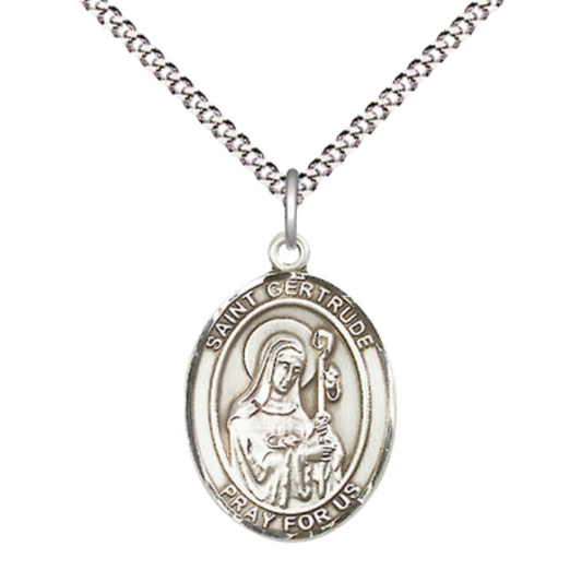Everlasting Light Jewelry Medium Women's Pewter Saint St. Gertrude of Nivelles Pendant Necklace on 18- inch Rhodium- Plated Lite Curb Brass Chain – Patron Saint St. of Accommodations & Cats, Catholic Medal – Velvet Gift Box Included