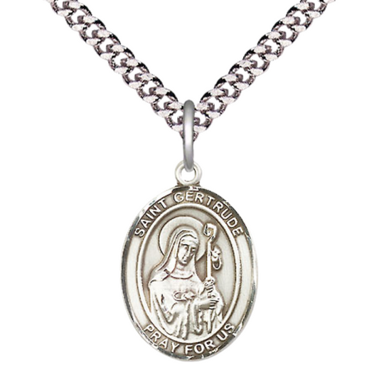 Medium Men's .925 Sterling Silver Saint St. Gertrude of Nivelles Medal Pendant on 24 Inch Endless Rhodium Plated Heavy Curb Brass Chain, Catholic Religious Necklace - Made in USA- Deluxe Velvet Gift Box