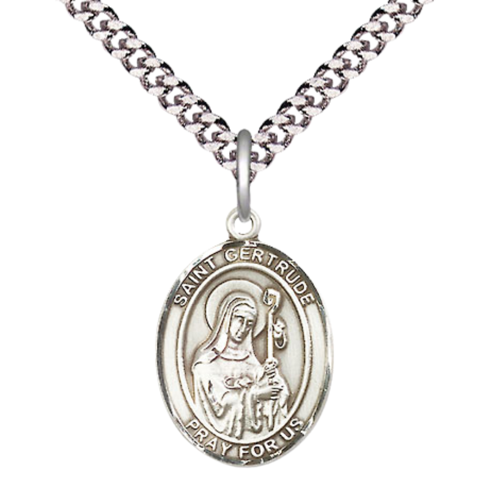 Medium Men's Pewter Saint St. Gertrude of Nivelles Medal Pendant on 24 Inch Endless Rhodium Plated Heavy Curb Brass Chain, Catholic Religious Necklace - Made in USA- Deluxe Velvet Gift Box