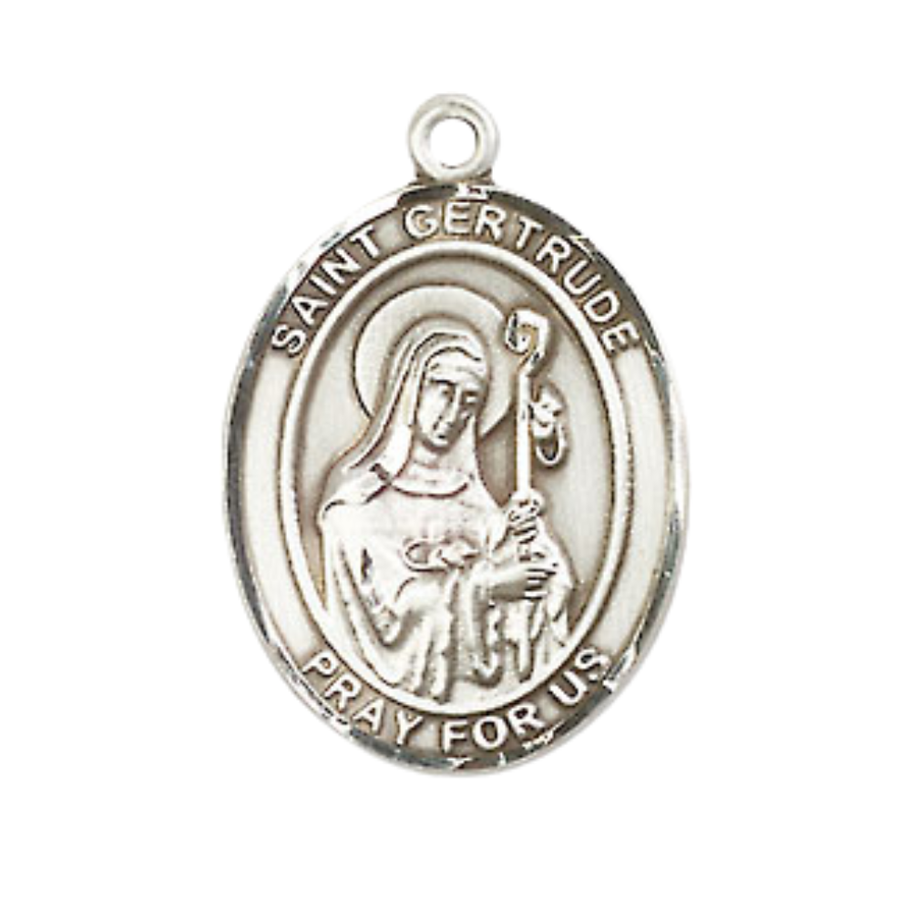 Medium Men's Pewter Saint St. Gertrude of Nivelles Medal Pendant on 24 Inch Endless Rhodium Plated Heavy Curb Brass Chain, Catholic Religious Necklace - Made in USA- Deluxe Velvet Gift Box