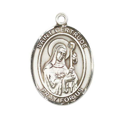 Medium Mens Oval Sterling Silver Saint Gertrude of Nivelles Medal Pendant on 24" Rhodium Plated Heavy Curb Brass Chain w/ Lobster Claw Clasp,Catholic Religious Necklace -Made in USA-Gift Boxed