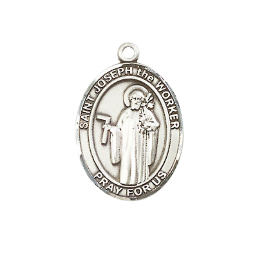 Everlasting Light Jewelry Medium Women's .925 Sterling Silver Saint St. Joseph the Worker Pendant Necklace on 18 Inch Rhodium Plated Lite Curb Brass Chain – Patron Saint St. of Workers, Catholic Medal – Velvet Gift Box Included