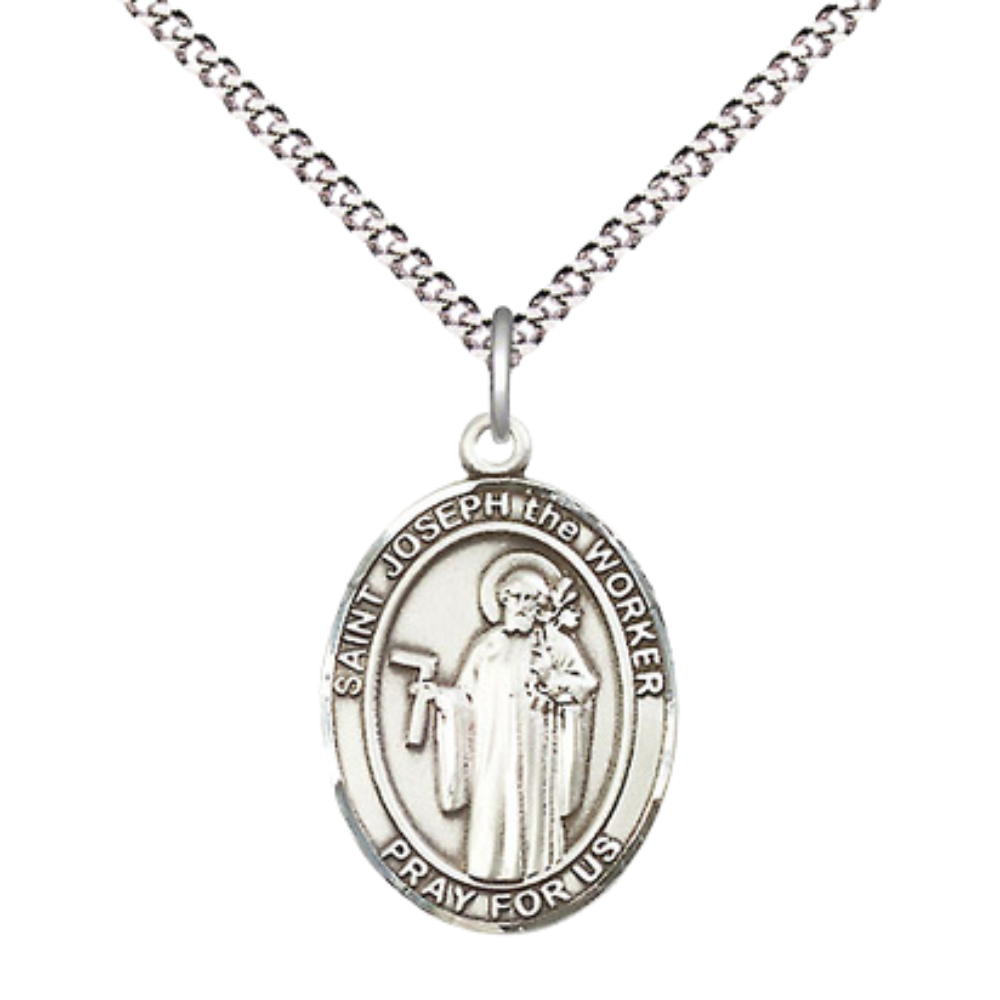 Everlasting Light Jewelry Medium Women's .925 Sterling Silver Saint St. Joseph the Worker Pendant Necklace on 18 Inch Rhodium Plated Lite Curb Brass Chain – Patron Saint St. of Workers, Catholic Medal – Velvet Gift Box Included