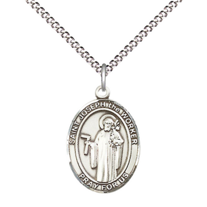 Everlasting Light Jewelry Medium Women's .925 Sterling Silver Saint St. Joseph the Worker Pendant Necklace on 18 Inch Rhodium Plated Lite Curb Brass Chain – Patron Saint St. of Workers, Catholic Medal – Velvet Gift Box Included