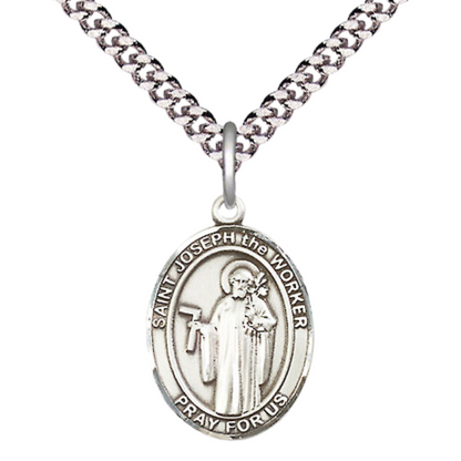 Medium Men's .925 Sterling Silver Saint Joseph the Worker Medal Pendant on 24 Inch Endless Rhodium Plated Heavy Curb Brass Chain, Catholic Religious Necklace -Made in USA- Deluxe Velvet Gift Box