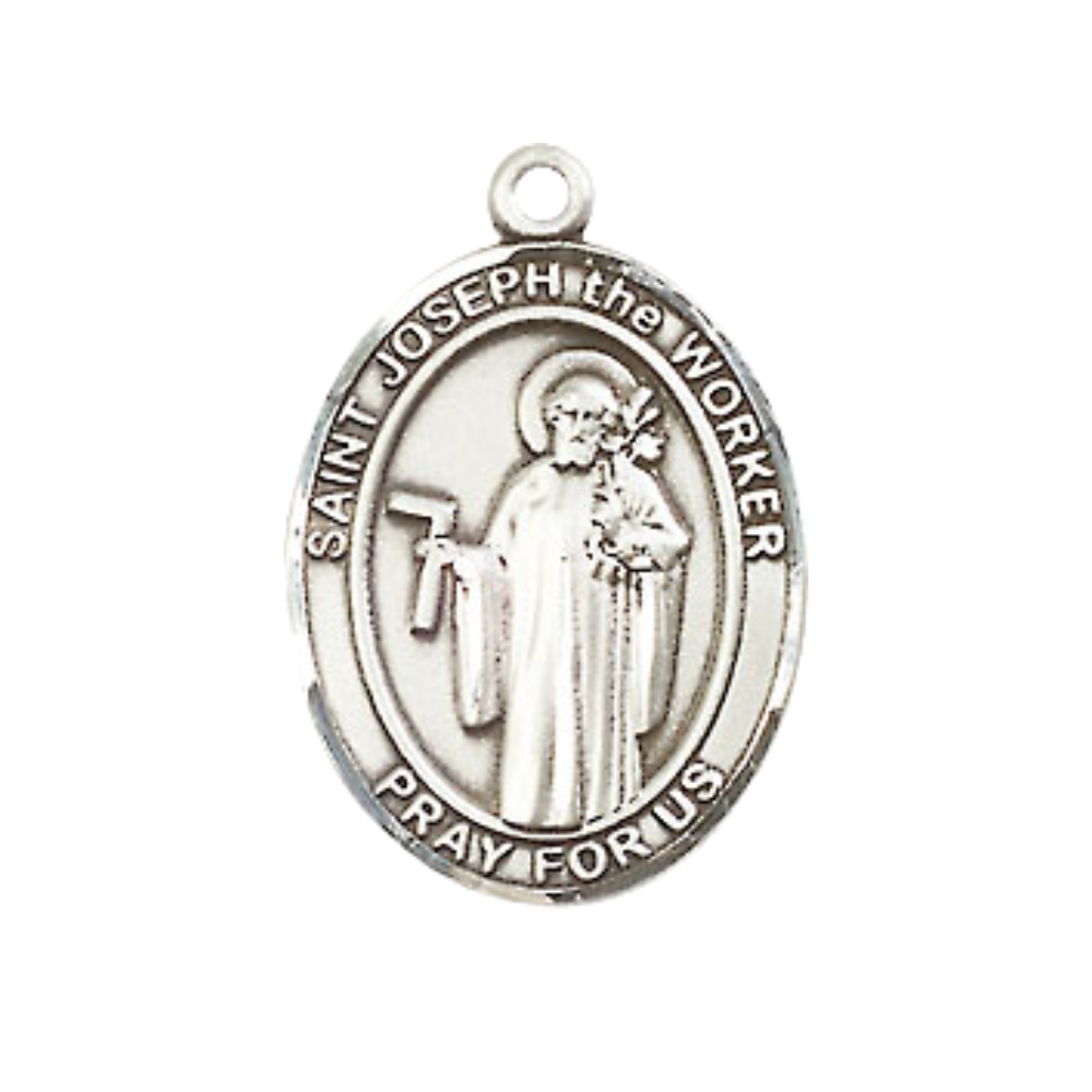 Medium Men's .925 Sterling Silver Saint Joseph the Worker Medal Pendant on 24 Inch Endless Rhodium Plated Heavy Curb Brass Chain, Catholic Religious Necklace -Made in USA- Deluxe Velvet Gift Box