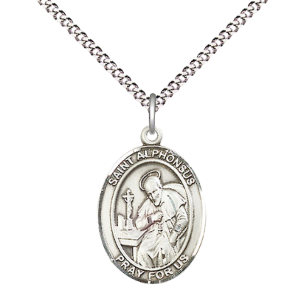Everlasting Light Jewelry Medium Women's Pewter Saint St. Alphonsus Pendant Necklace on 18- inch Rhodium- Plated Lite Curb Brass Chain – Patron Saint St. of Confessors/Theologians, Catholic Medal – Velvet Gift Box Included