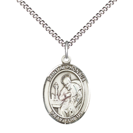 Everlasting Light Jewelry Medium Women's Pewter Saint St. Alphonsus Pendant Necklace on 18- inch Rhodium- Plated Lite Curb Brass Chain – Patron Saint St. of Confessors/Theologians, Catholic Medal – Velvet Gift Box Included