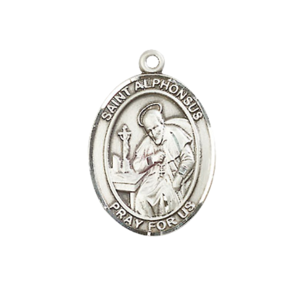 Mens Medium Oval Pewter Saint St. Alphonsus Medal Pendant on 24 Inch Rhodium Plated Heavy Curb Brass Chain with Lobster Claw Clasp, Catholic Religious Necklace - Made in USA- Deluxe Velvet Gift Box