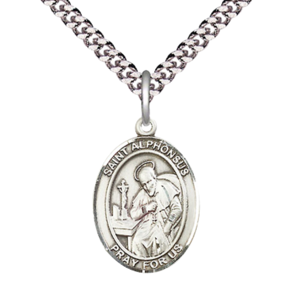 Everlasting Light Jewelry Medium Men's Pewter Saint Alphonsus Medal Pendant on 24 Inch Endless Rhodium Plated Heavy Curb Brass Chain, Catholic Religious Necklace -Made in USA- Deluxe Velvet Gift Box