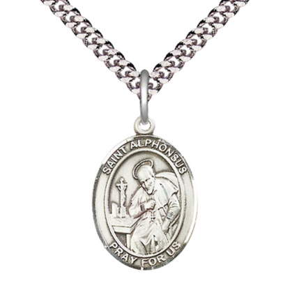 Everlasting Light Jewelry Medium Men's Pewter Saint Alphonsus Medal Pendant on 24 Inch Endless Rhodium Plated Heavy Curb Brass Chain, Catholic Religious Necklace -Made in USA- Deluxe Velvet Gift Box