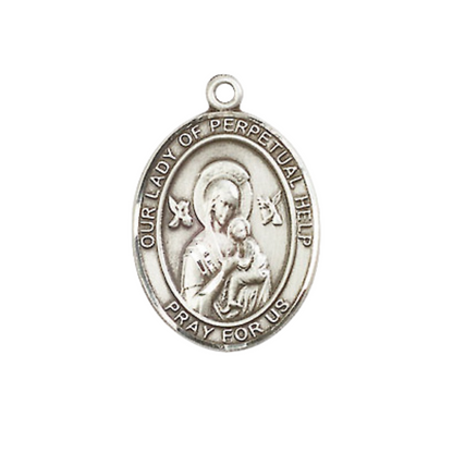 .925 Sterling Silver Our Lady of Perpetual Help Medal Pendant on 18 Inch Rhodium Plated Lite Curb Brass Chain w/ Lobster Claw Clasp, Catholic Religious Necklace - Made in USA- Prayer Card Included