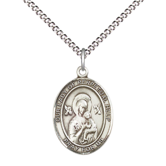 Medium Women's Pewter Our Lady of Perpetual Help Pendant Necklace on 18-inch Rhodium-Plated Lite Curb Brass Chain – Patron Saint of Never Failing Hope – Velvet Gift Box Included