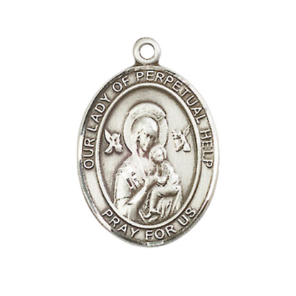 Mens Medium Oval Pewter Our Lady of Perpetual Help Medal Pendant on 24 Inch Rhodium Plated Heavy Curb Brass Chain w/ Lobster Claw Clasp, Catholic Religious Necklace - Made in USA- Velvet Gift Box