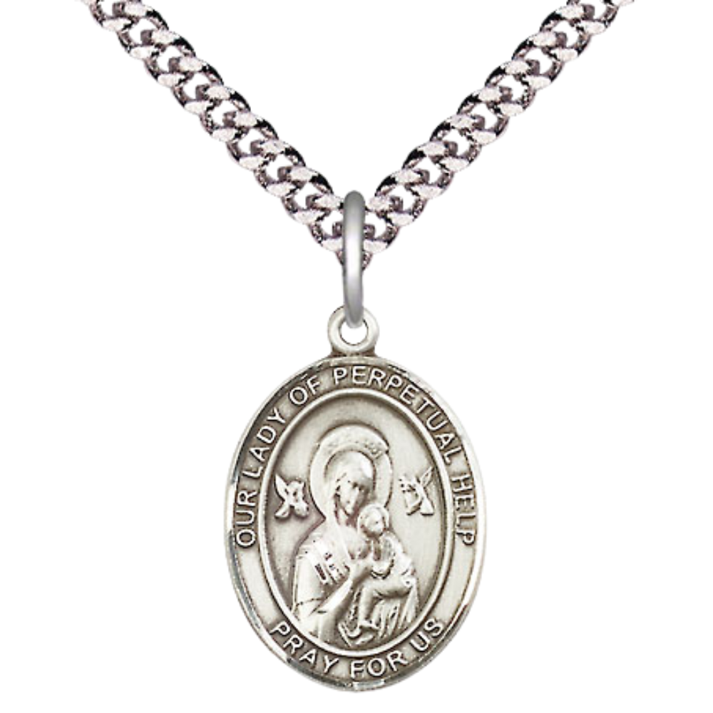 Medium Men's Pewter Our Lady of Perpetual Help Medal Pendant on 24 Inch Endless Rhodium Plated Heavy Curb Brass Chain, Catholic Religious Necklace - Made in USA- Deluxe Velvet Gift Box