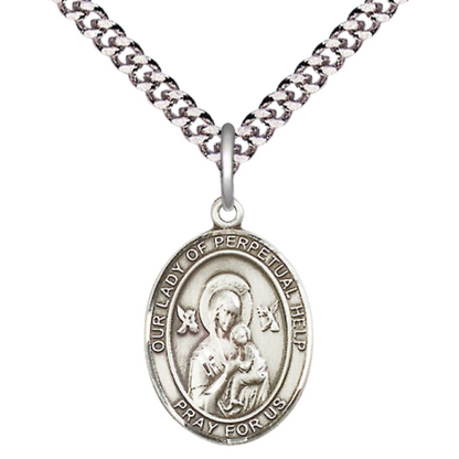 Medium Men's Pewter Our Lady of Perpetual Help Medal Pendant on 24 Inch Endless Rhodium Plated Heavy Curb Brass Chain, Catholic Religious Necklace - Made in USA- Deluxe Velvet Gift Box