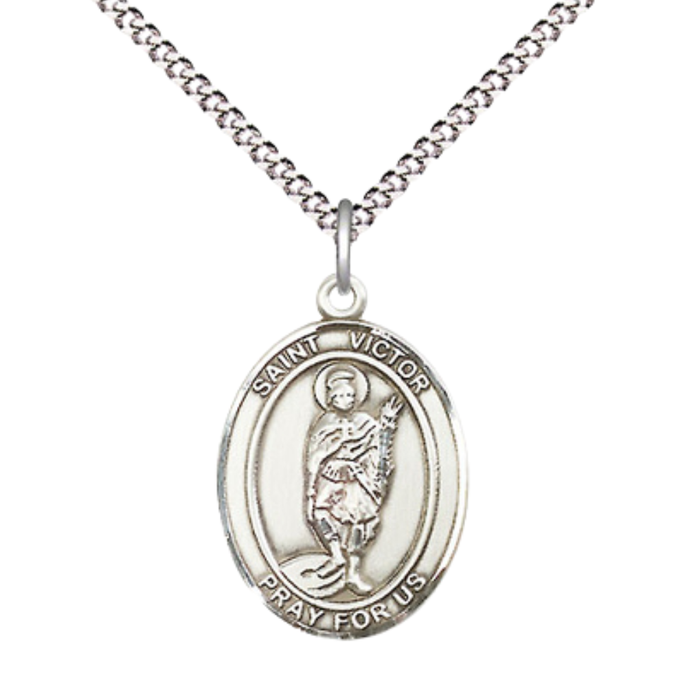 Medium Women's Pewter Saint St. Victor of Marseilles Pendant Necklace on 18- inch Rhodium- Plated Lite Curb Brass Chain – Patron Saint St. of Lightning and Millers, Catholic Medal – Velvet Gift Box Included