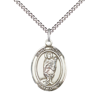 Medium Women's Pewter Saint St. Victor of Marseilles Pendant Necklace on 18- inch Rhodium- Plated Lite Curb Brass Chain – Patron Saint St. of Lightning and Millers, Catholic Medal – Velvet Gift Box Included