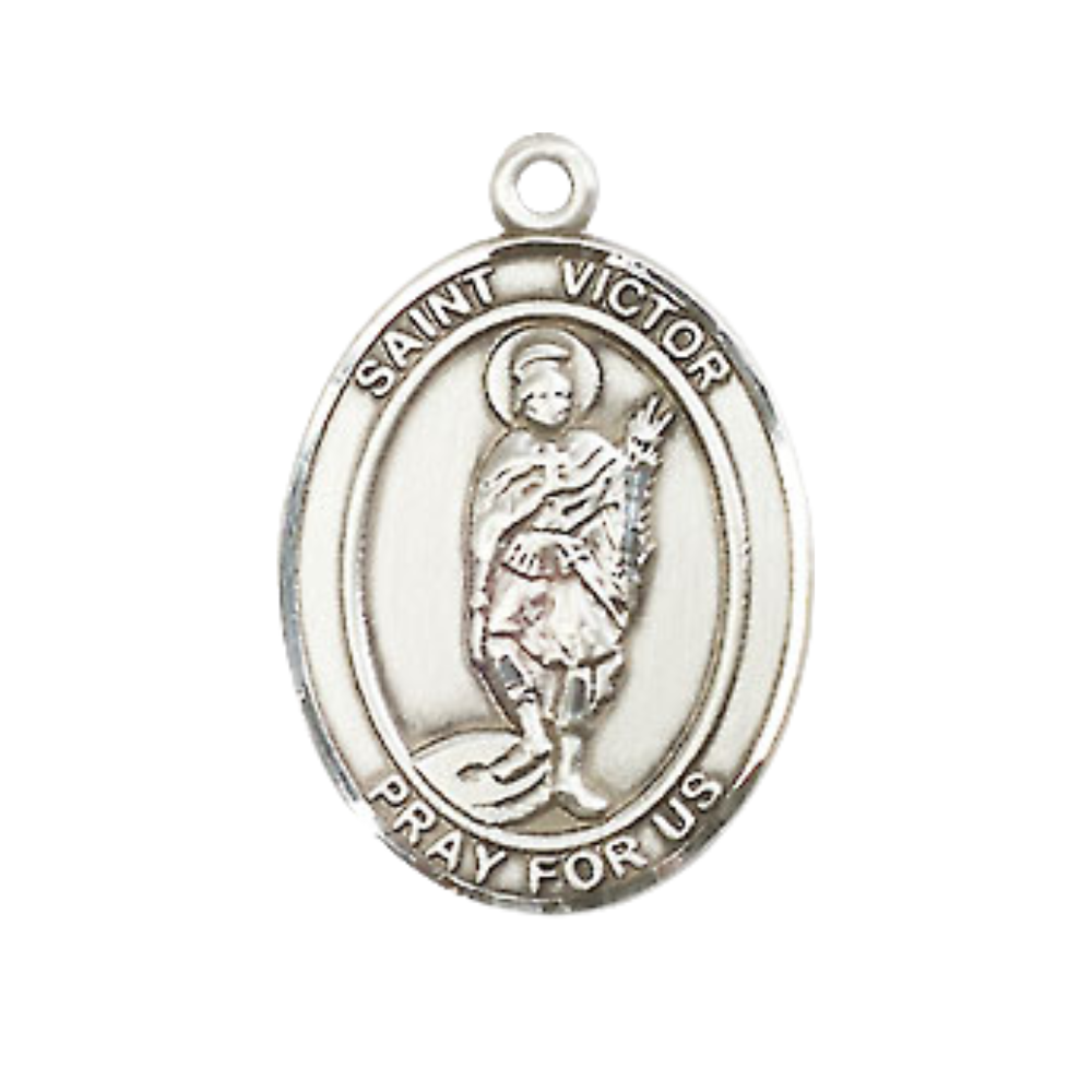 Mens Medium Oval Pewter Saint St. Victor of Marseilles Medal Pendant on 24 Inch Rhodium Plated Heavy Curb Brass Chain w/ Lobster Claw Clasp, Catholic Religious Necklace - Made in USA- Velvet Gift Box