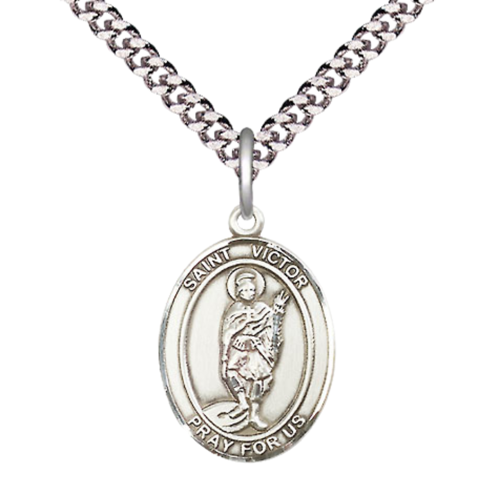 Medium Men's Pewter Saint St. Victor of Marseilles Medal Pendant on 24 Inch Endless Rhodium Plated Heavy Curb Brass Chain, Catholic Religious Necklace - Made in USA- Deluxe Velvet Gift Box